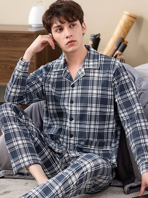 2pcs pajama set for men long sleeve pants fashionable plaid print comfortable fabric plaid top plaid pants casual for outdoor wear