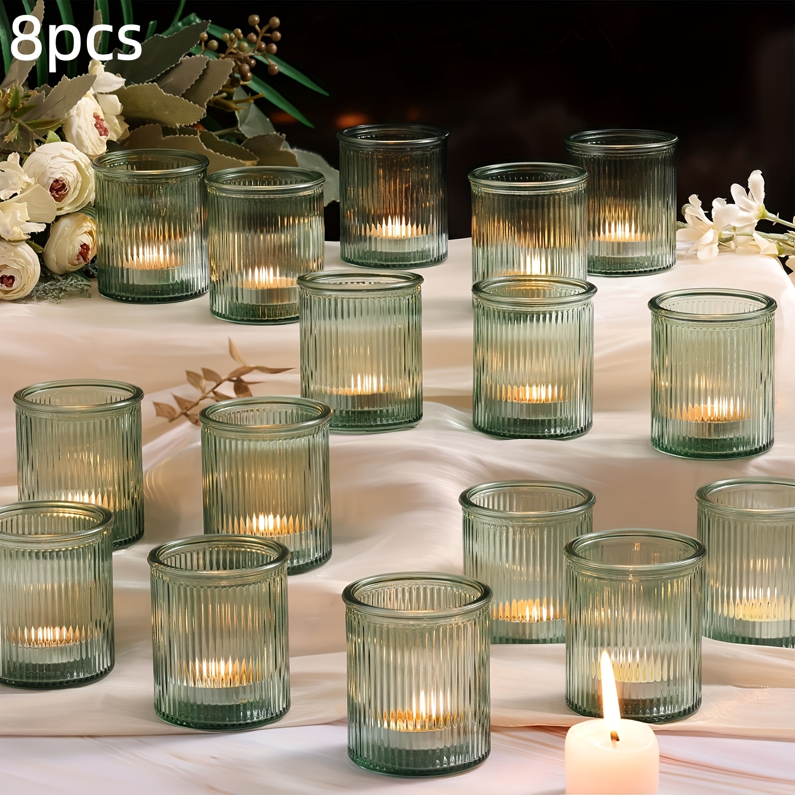 Image of 8pcs Amber Votive Candle Holders - Fall Decor, Ribbed Glass Tea Light Candle Holder, Candle Votives For Wedding Centerpiece And Home Decor