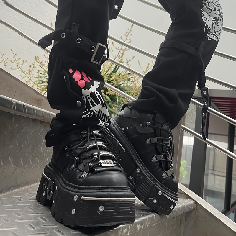 womens punk y2k style black round toe ankle boots thick - Temu