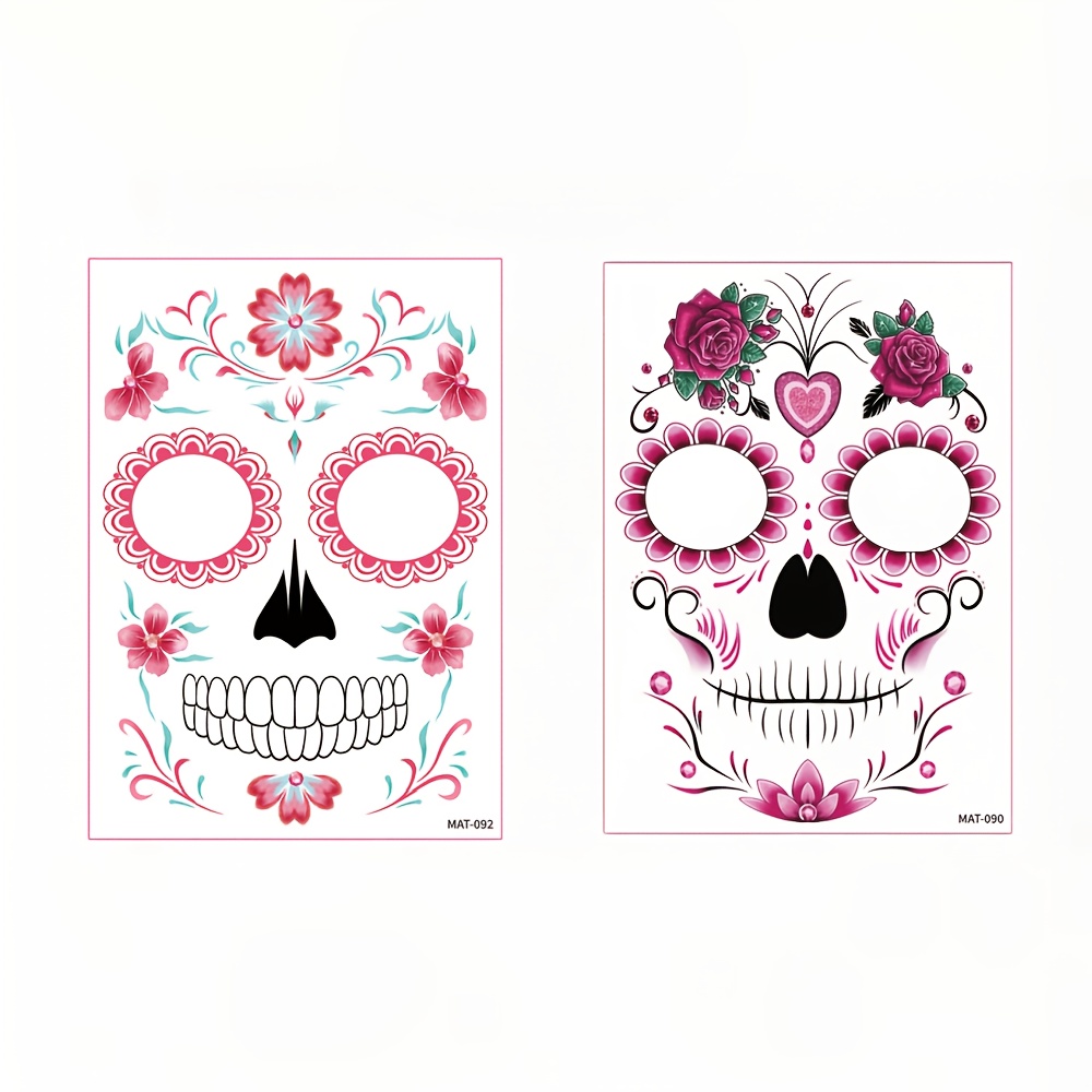 TEMU 2 Fogli di Adesivi per Tatuaggi Facciali, Motivo Rosa Halloween Carnevale Festa dei Morti Trucco Adesivi Decorativi per Tatuaggi, Regalo per
