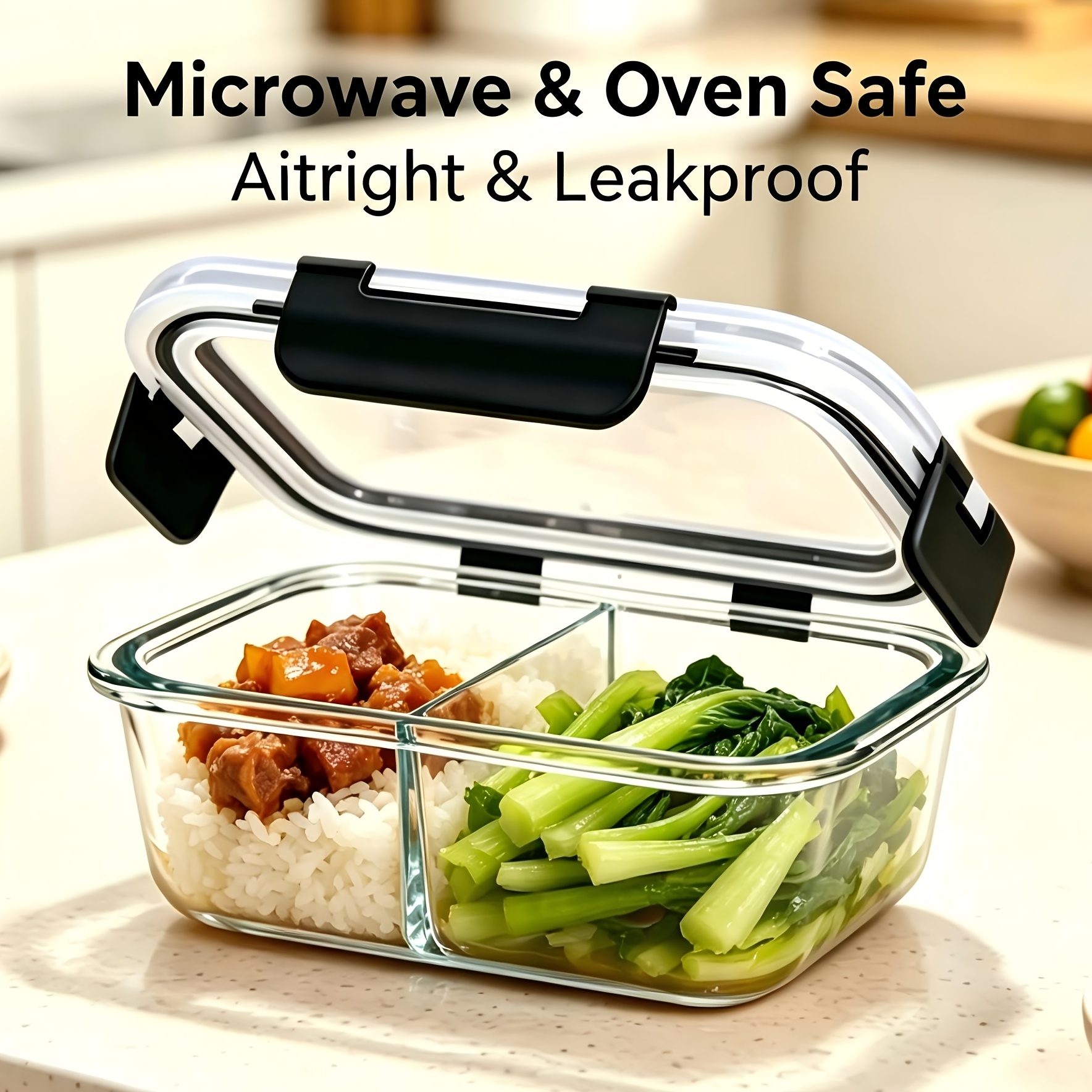 TEMU 2-compartment Locking Lid Glass Meal Prep Container, Leak-proof Sealed Food Storage Box With Locking Lid, Suitable For Microwave, Refrigerator,