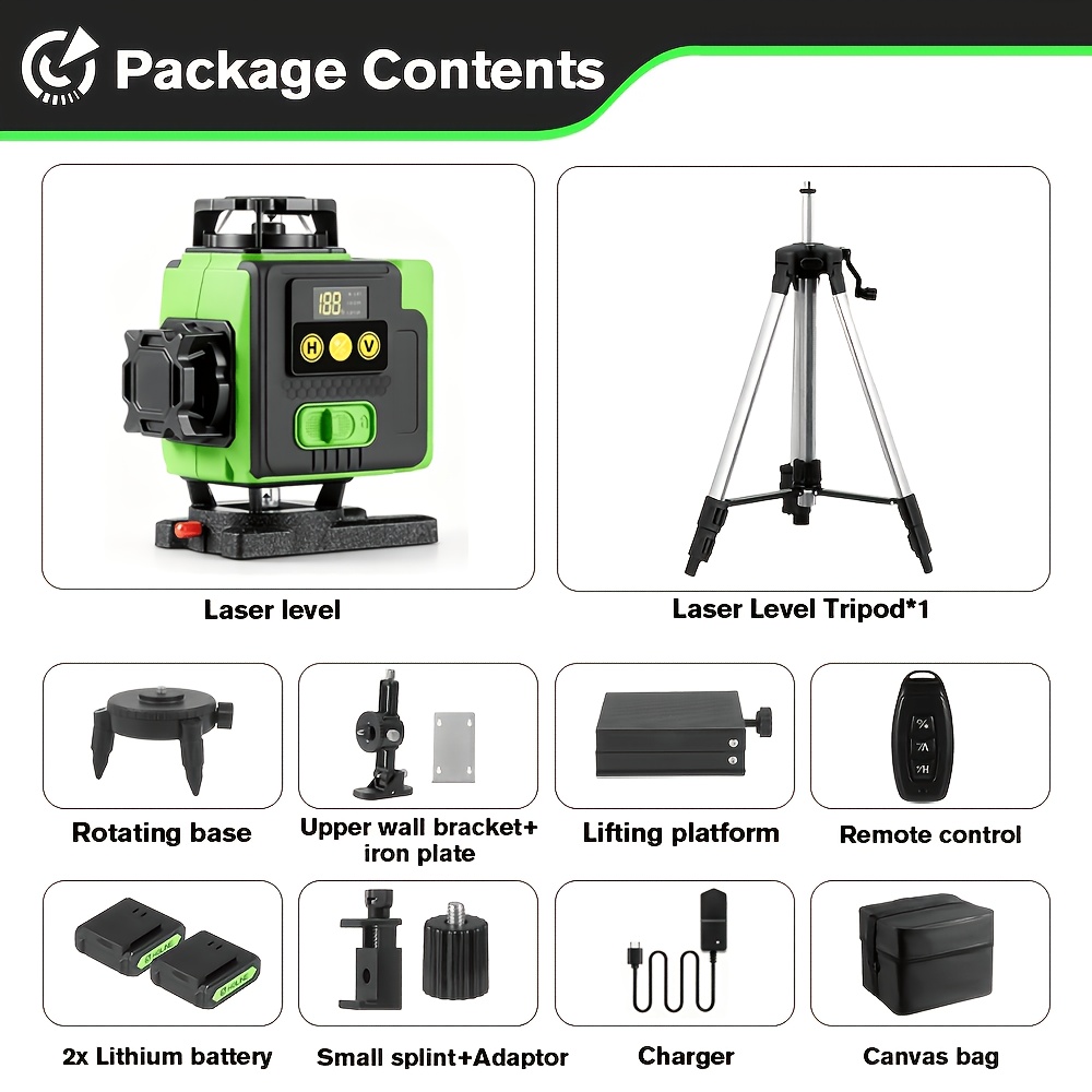 1 Set 16 Lines Laser Automatic Leveling, 4x360° Green Cross Line Laser Level Tool For Construction And Picture Hanging, 4d Laser Level
