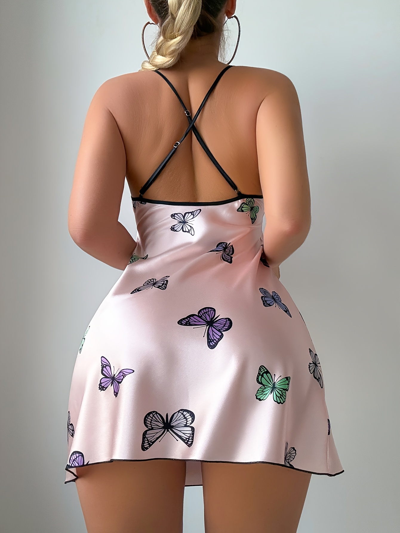 Women'S Sexy Butterfly Print Slip Dress, All-Season Polyester 100% Crew Neck, 90g/m² Woven Fabric, Fashionable Pink Nightgown for Adults
