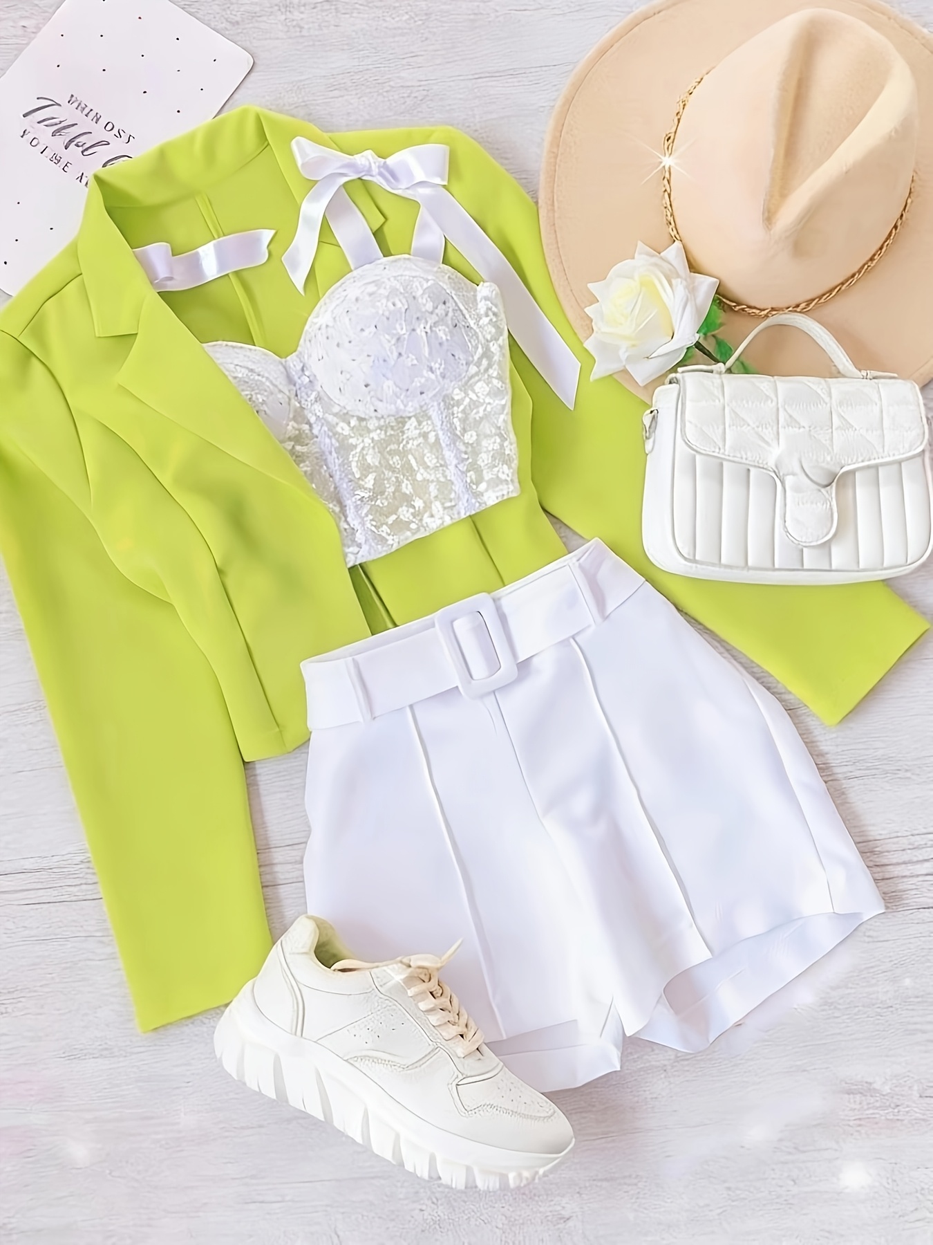 european and   commuter casual outfit set fluorescent yellow   white wide leg shorts 2pcs set camisole not included