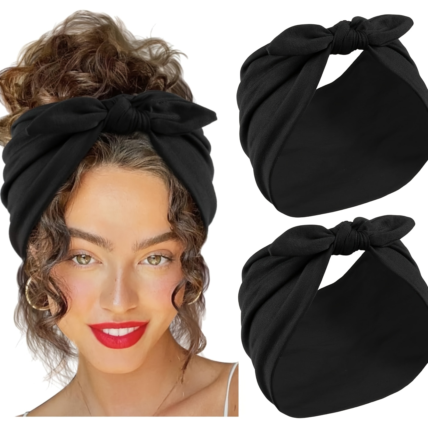 E-shop 2 Stück Damen Schwarze Breite Stirnbänder - 7 Zoll Weiche Elastische Haarbänder mit Bohemian Knoten-Design, für Sport, Yoga & Casual Outfits |