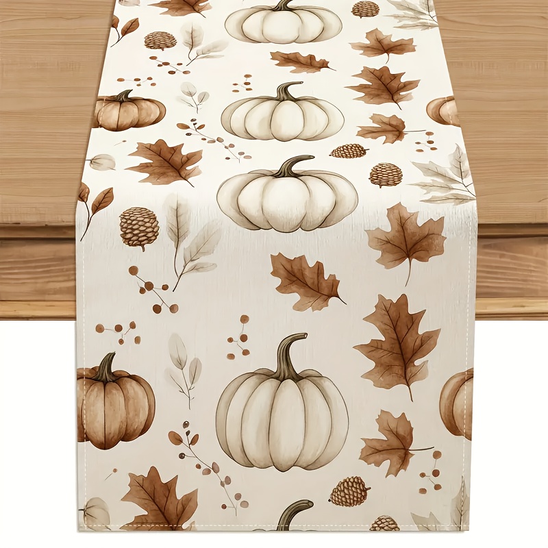 Image of 1pc Linen Pumpkin Leaves Table Runner Fall Thanksgiving Day Farmhouse Decoration For Indoor/ Outdoor Dining Kitchen Home Party Decor 13x48/13x72/13x108 Inch