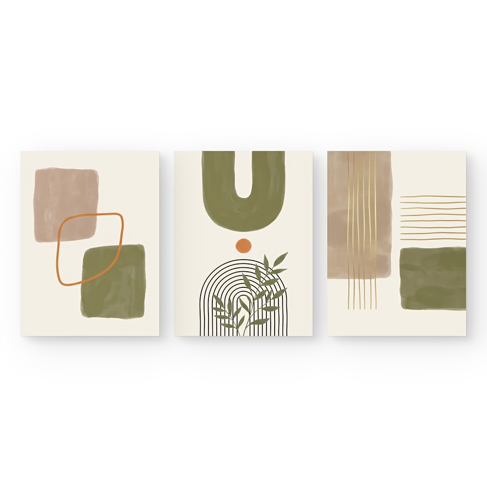 TEMU 2d Flat, Posters And Prints Set Of 3 Boho Abstract Wall Art, Sage Green Neutral Geometric Shape Botanical Leaf Prints, Minimalist Mid-century