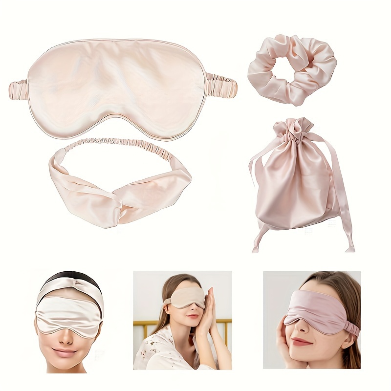 

4pcs Silky Sleep Care Set - Eye Cover & Hair Scrunchie & Headband & Storage Bag, Minimalist Portable Sleep Mask Set For Home And Travel, Gift For Women - Facial Care Gifts For Mother