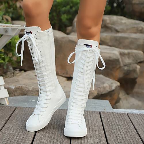 womens casual knee high boots black fabric with lace zipper back and thick rubber sole for dresses parties and casual attire party footwear sleek boot design durable rubber sole