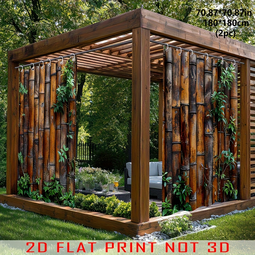 TEMU Tende con stampa piatta 2D, 2 pezzi da esterno bamboo antico, Cilindro con foglie, Tende da giardino, da giardino, parasole, Adatte per giardino