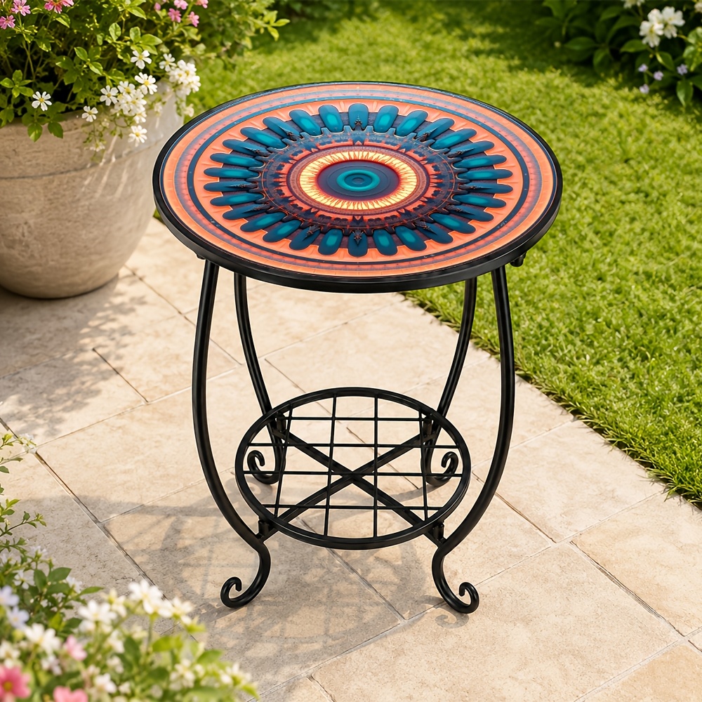 item picture 1pc round metal end table with open mesh shelf abstract   radial   mandala pattern printed iron top small drink table for balcony   room and entryway   home decor