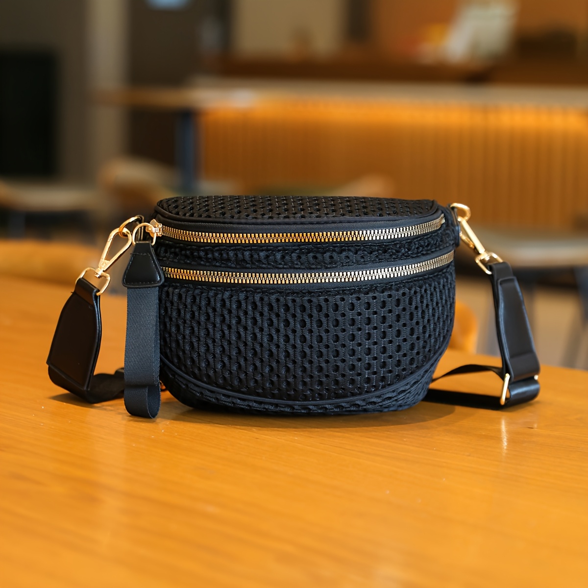 Black Mesh Crossbody Bag Worn