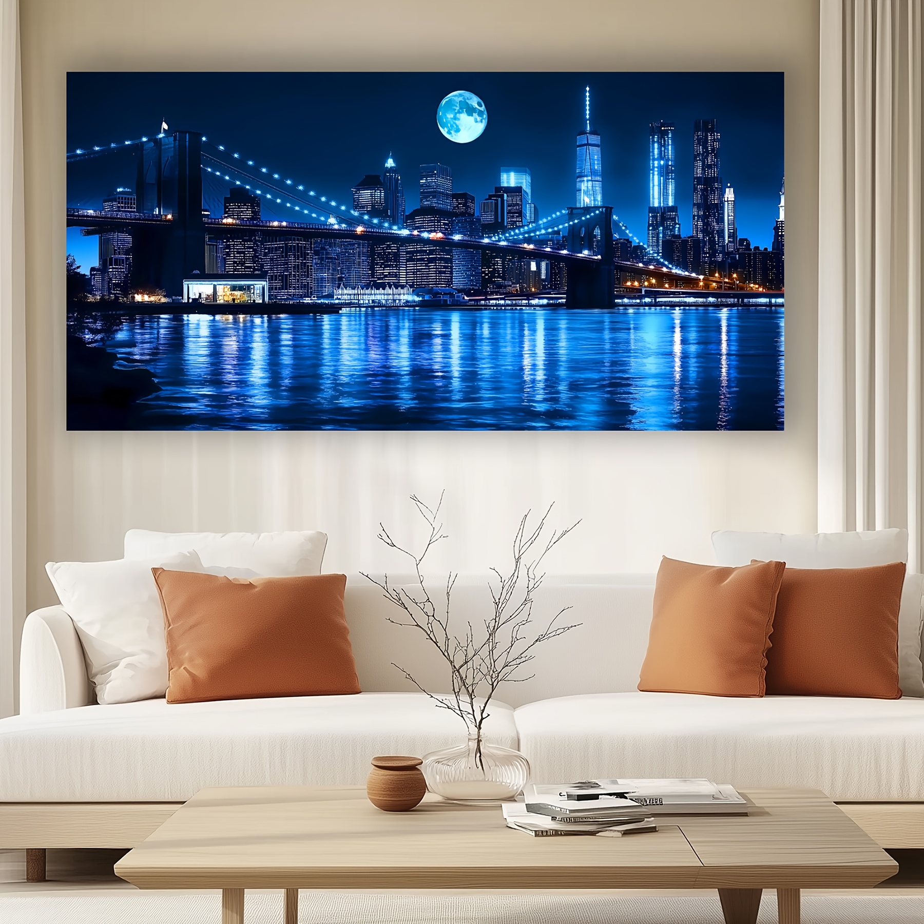 2D Flat, 2D Flat, Contemporary Urban Landscape Artwork, Art Deco Design, Deep Blue Canvas Print, Stylish Home Decor, Ideal for Display in Living Room, Bedroom, Or Study, Sturdy Wooden Inner Frame