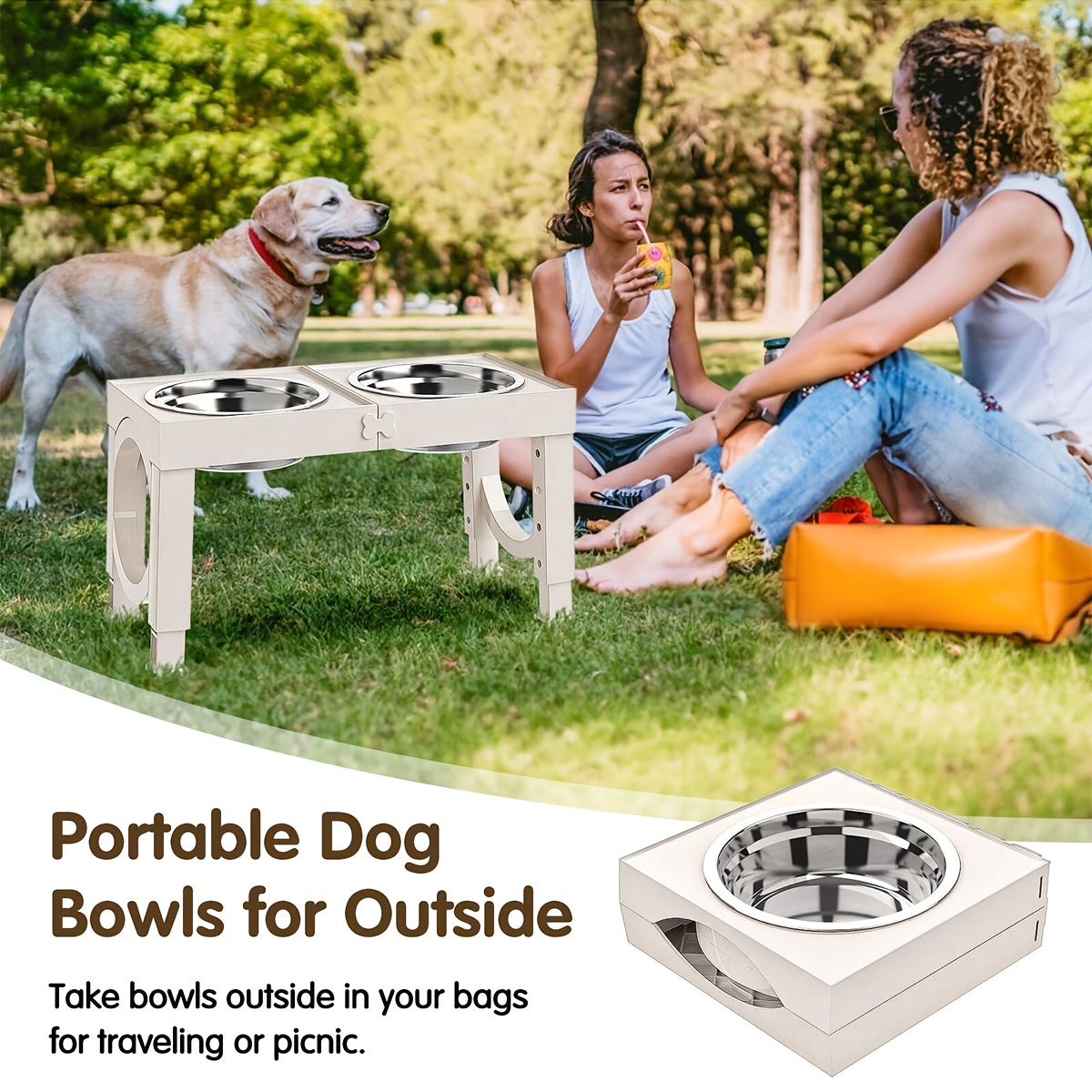 elevated dog bowl, collapsible pet food bowl holder with 2 stainless steel bowls, anti-slip design, 5 height adjustable, convenient, folding, easy to clean, white, for large, medium and small pets Product details 1