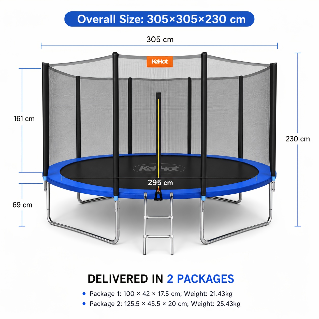 Fitness Trampoline 305cm Diameter With Safety Net, Galvanized , Pp Jump Mat, Max. 150kg, Indoor & Outdoor