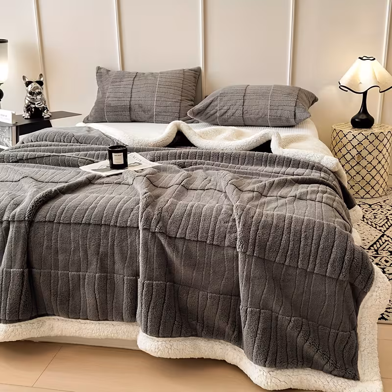 1pc luxury fleece thick double layer blanket plush winter bedspread machine washable cozy throw for bed sofa outdoor decor in brown navy burgundy dark green light green pink Product details 1