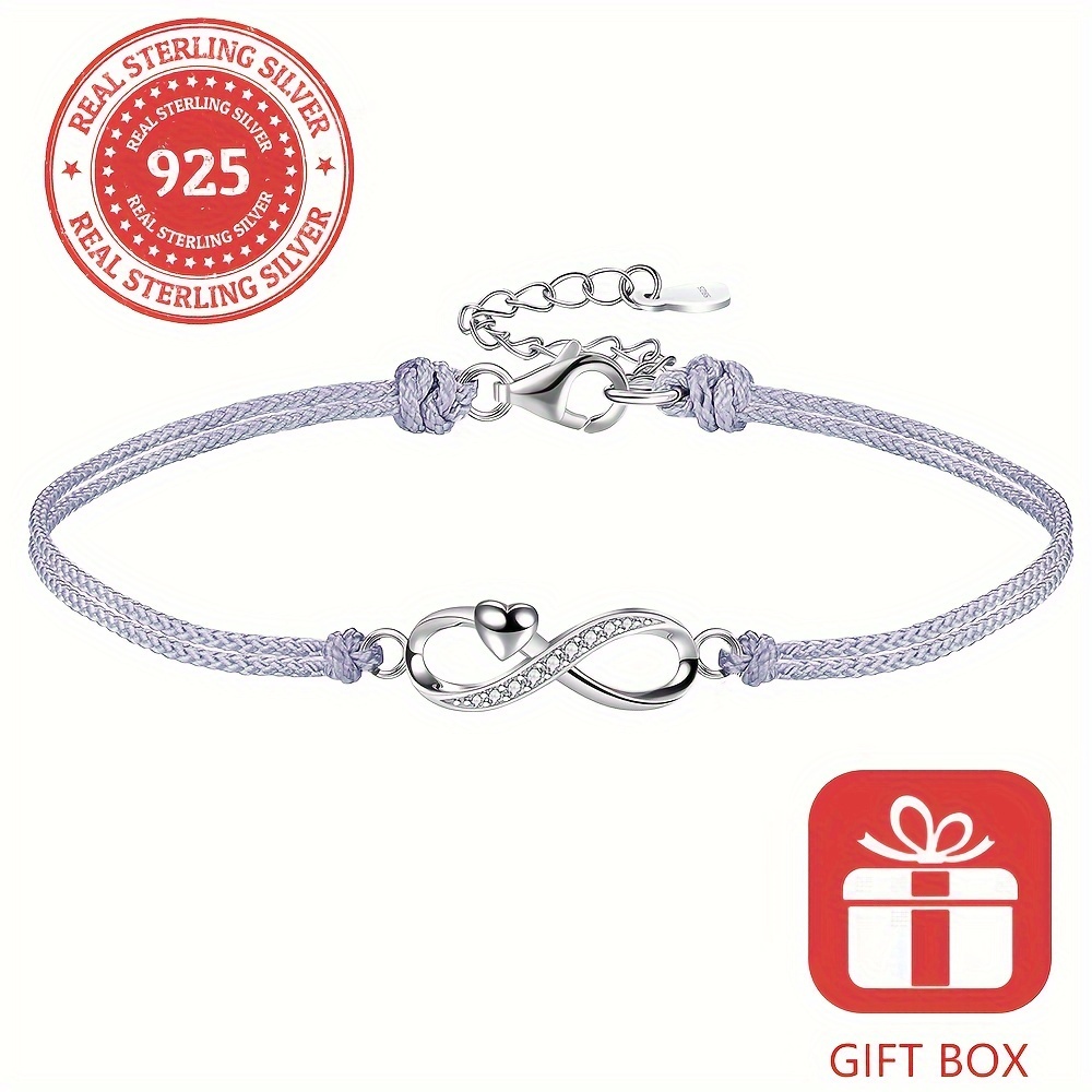 

925 Sterling Silver Infinity Symbol Rope Bracelet Inlaid Shiny Zircon Elegant Hand Rope Jewelry