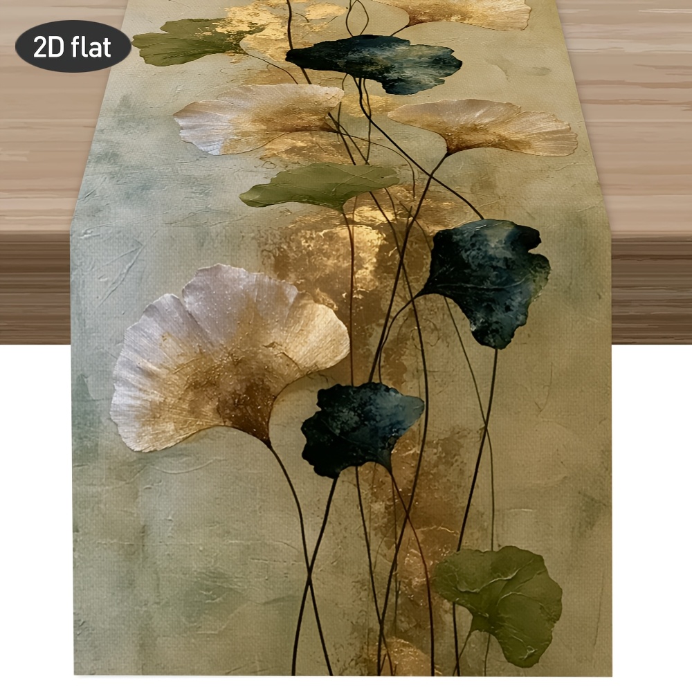 TEMU 1pc Watercolor Moss Green Ginkgo Print Table Runner, Aesthetic , Ink-style Autumn Tablecloth, Polyester Fabric Table Mat, Indoor Decor, Kitchen