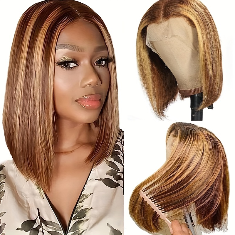 

8-12inch Highlight Honey Blonde Lace Front Bob Wig Human Hair 180% Density 13x4 Ombre Lace Frontal Bob Wig For Women P4/27 Straight