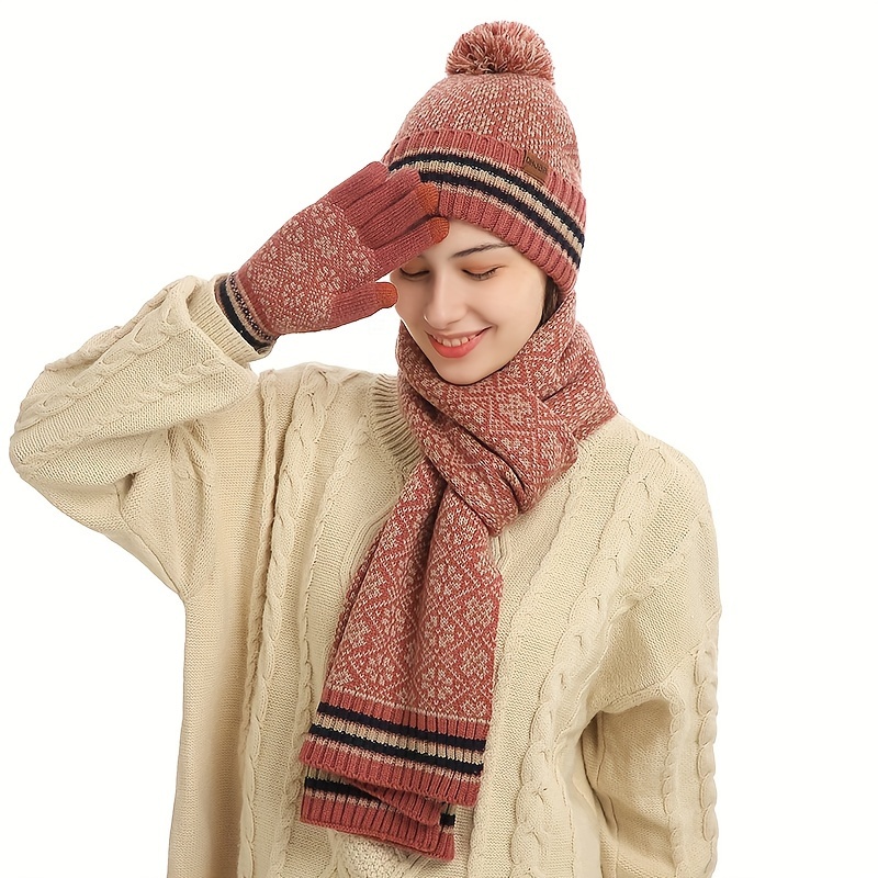 

Women's Winter Knitted Scarf Set - Warm Acrylic Beanie Hat Gloves For Christmas Party