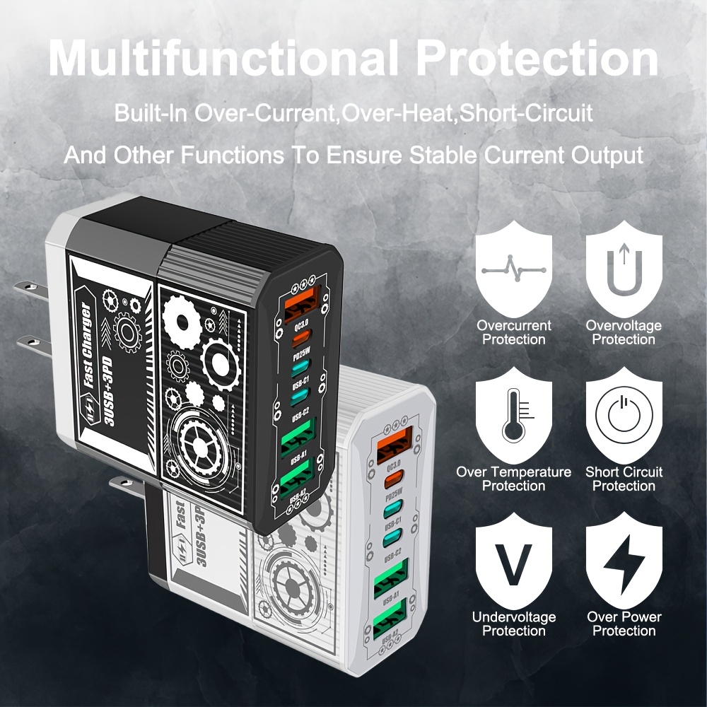 3USB + 3PD Total 40W Mobile Phone Fast Charging Adapter, US Plug 6 Ports Charger QC3.0 Fast Charging for iPhone for Samsung Travel Charger Wall Charger, Multidevice Charging, Spacesaving Charger, Compact Charger, Efficient Charging Technology, Sturdy