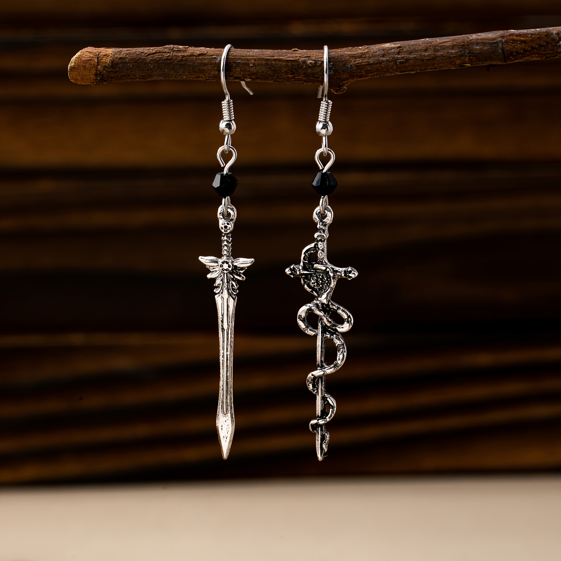 A Pair Of Gothic Dark Pentagram /victory Sword Asymmetrical Earrings, Suitable For Women's Parties And Halloween Wear