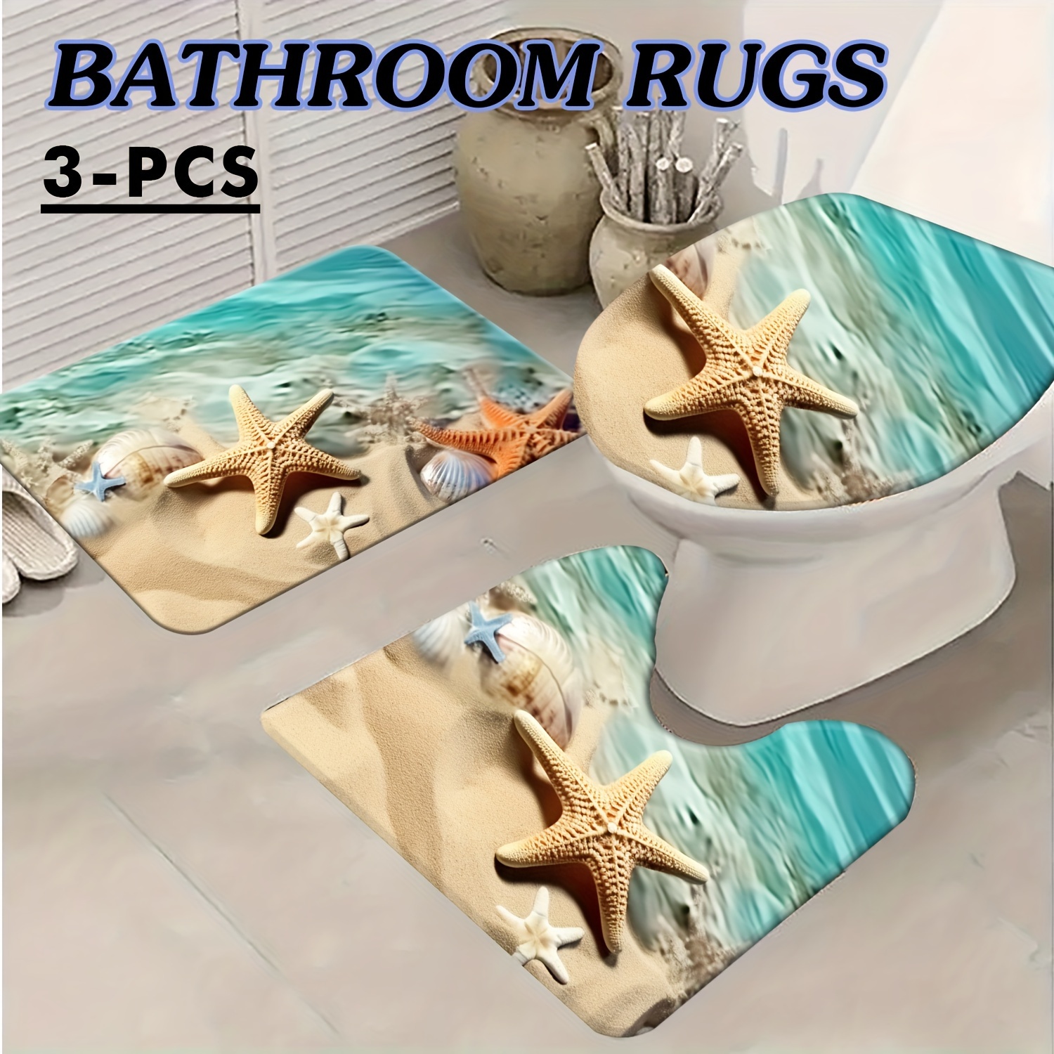 

3pcs Beach-themed Bathroom Rug Set, Ocean Coastal Starfish Design, Anti-slip Bath Mat, Toilet Seat Cover, U-shaped Pedestal Rug, Soft Flannel, Quick Dry, Home Decor