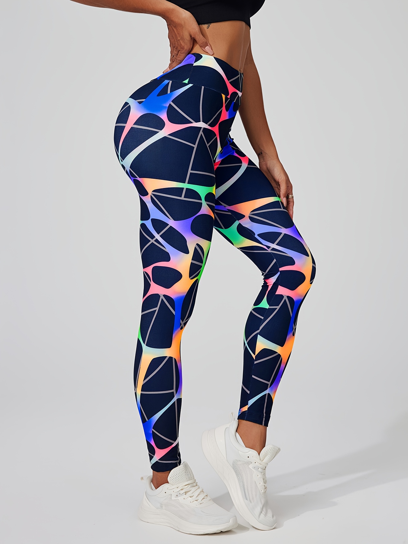women's high waisted fit neon geometric print athletic Temu New