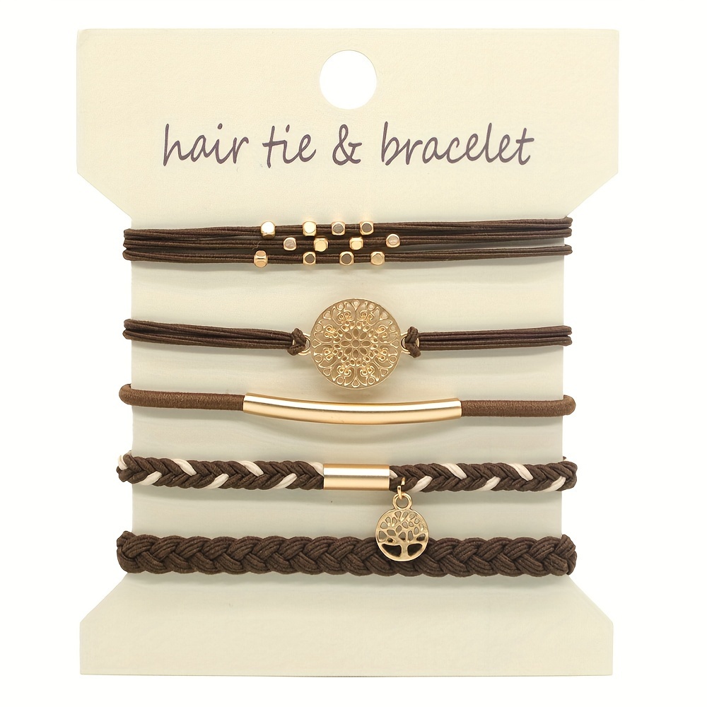 TEMU 5pcs Women's Bohemian Style Bracelet Hair Scrunchies Elastic Bracelets, Ponytail Holders Elastic Non-damaging Braided Headbands, Of Fashionable