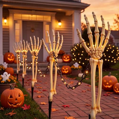 Artikelbild 【3d】 5 stück halloween skelett hände außendekoration realistische skelett arm pfähle sets 4 schädelarme mit 16.4ft schwarzer kette für gartenweg hof rasen