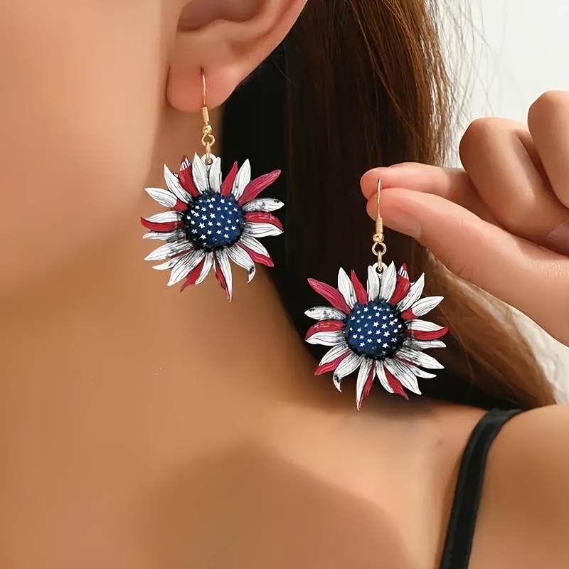 patriotic flower drop earrings acrylic vintage minimalist style independence day memorial day jewelry cute festive theme 4th of july freedom celebration accessory details 2