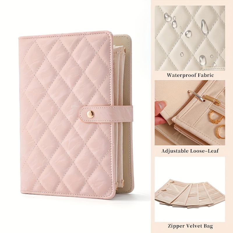 a5   leather jewelry organizer book portable travel case with ring binder clear zipper velvet pouches jewelry rolls for necklaces earrings rings     green pink white perfect gift for christmas valentine s day mother s day Product details 3