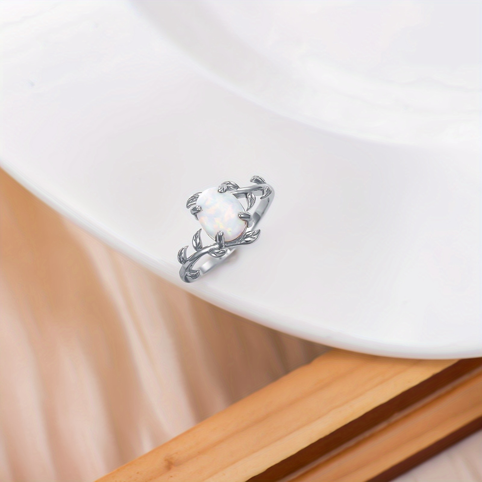 Sterling Silver Opal Leaf Ring for Women
