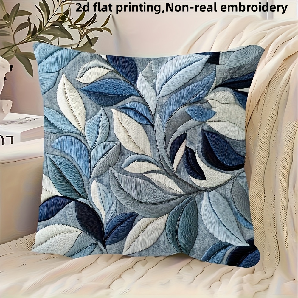 TEMU 1 pc, Housse de coussin 2D à impression plate, Motif de feuilles bleu-gris vintage, 18X18 pouces, Housse de coussin carrée simple face, Broderie