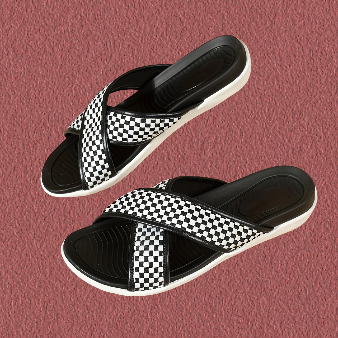 jh91 2 womens slip on platform sandals checkered cross strap ankle wrap ultra soft fabric upper tpr sole non slip durable   for summer retro sporty casual outdoor footwear strappy sandals summer footwear trendy footwear comfortable footwear summer fashion Product details 4