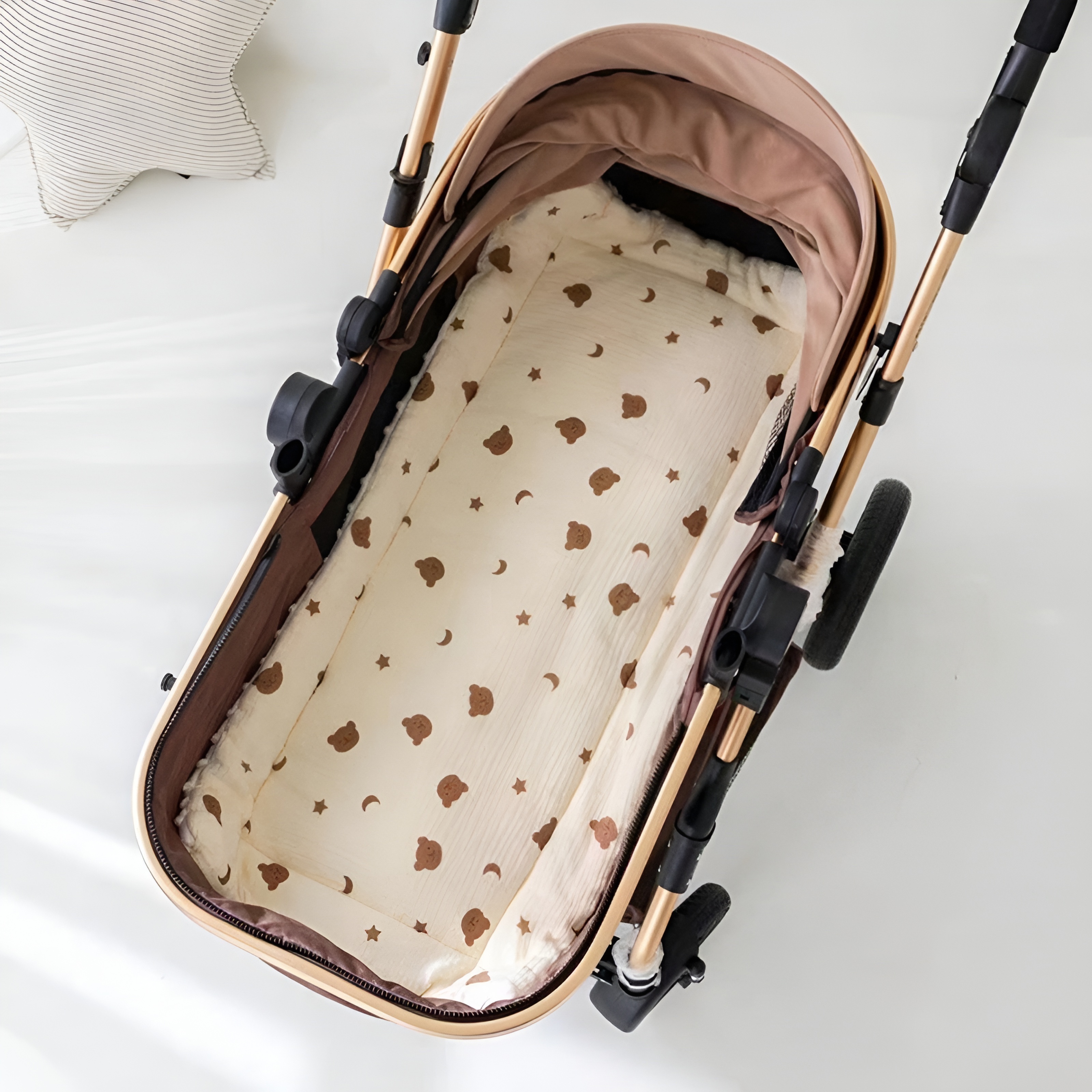 

Beige Moon Bear Thick Double-sided Cotton Pad For Stroller, Machine Washable, Soft Stroller Mat