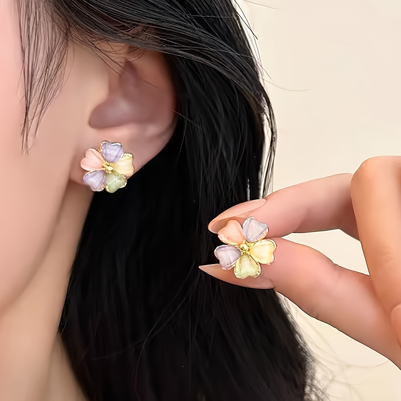 TEMU 1 par de aretes elegantes, dulces, bonitos, exquisitos, pequeños, de diseño floral multicolor, de moda simple para , adecuados para uso diario y