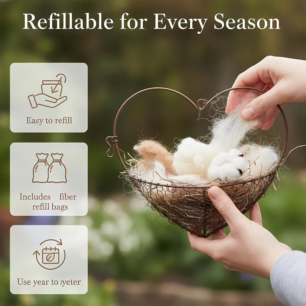 3件心形蜂鸟巢 | 手工纤维鸟巢，心形设计，可填充鸟巢天堂，包括多袋筑巢材料，以及为蜂鸟爱好者准备的鸟类礼物，适合家庭花园户外使用 商品详情 3