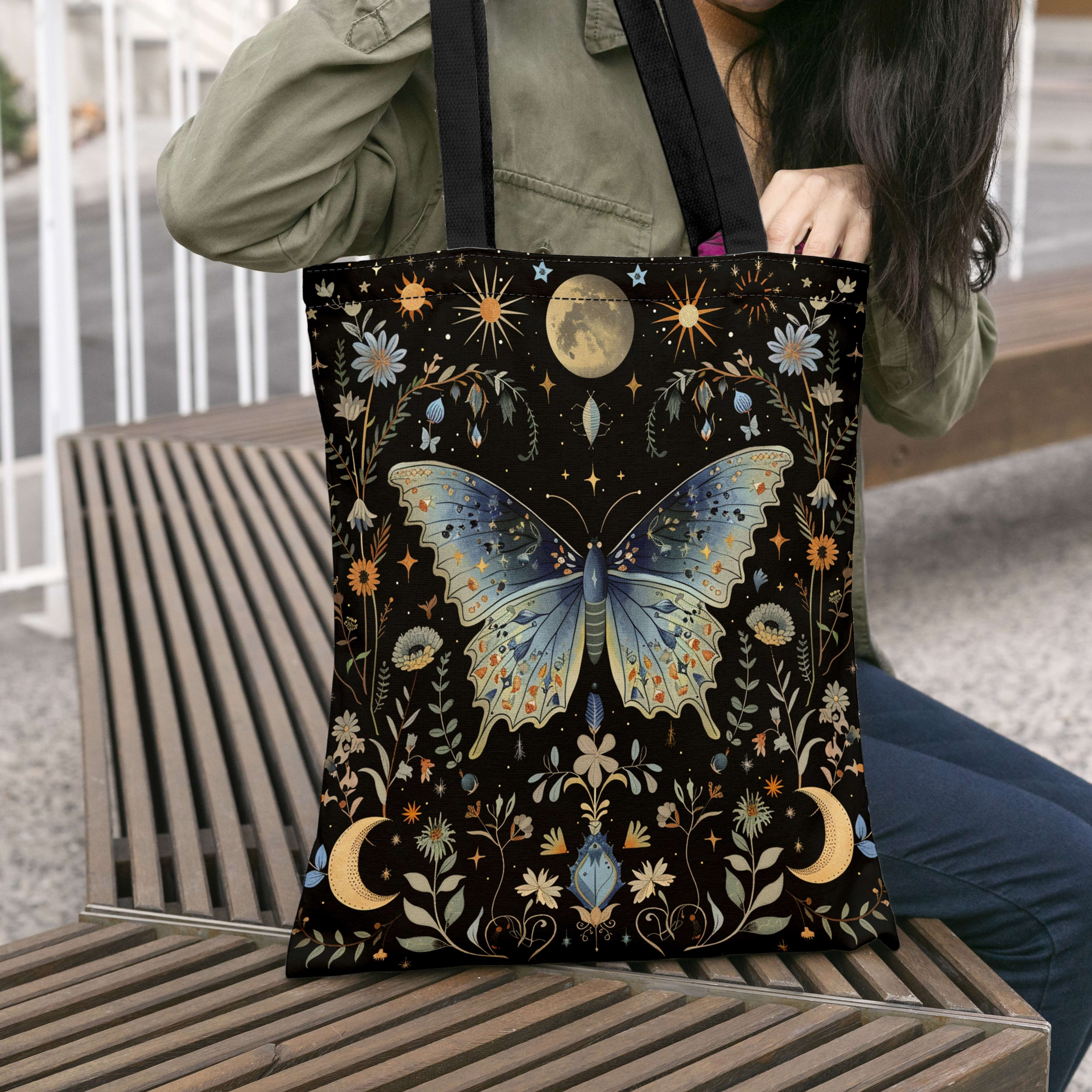 TEMU Bohemian And Celestial Moon Canvas Tote Bag, Large Capacity, Vintage Style With Floral And Starry Night Design, Durable Shopping And Travel