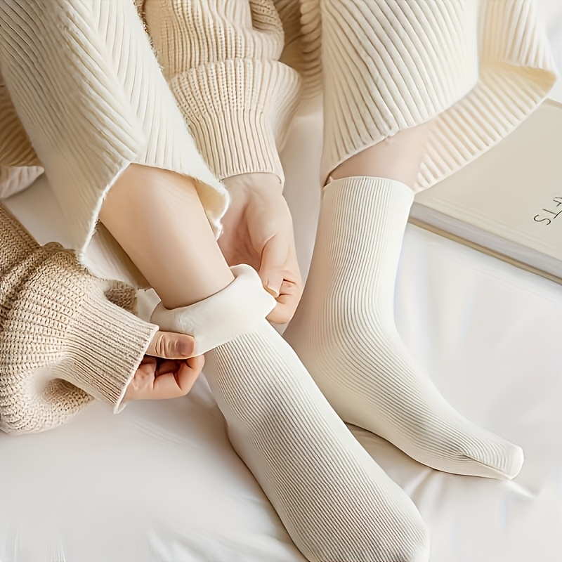 5 paires de chaussettes d hiver en peluche pour femmes - chaussettes douces, extensibles, chaudes pour  , & intérieur, beige,  , noir, blanc, chaussettes mignonnes Détails du produit 2