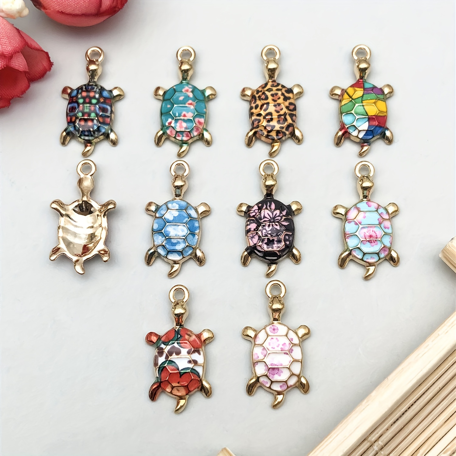 TEMU 10pcs Ocean Turtle Enamel Charms Set - Alloy Pendants For , Keychains & Earrings - Bohemian Style Accessories
