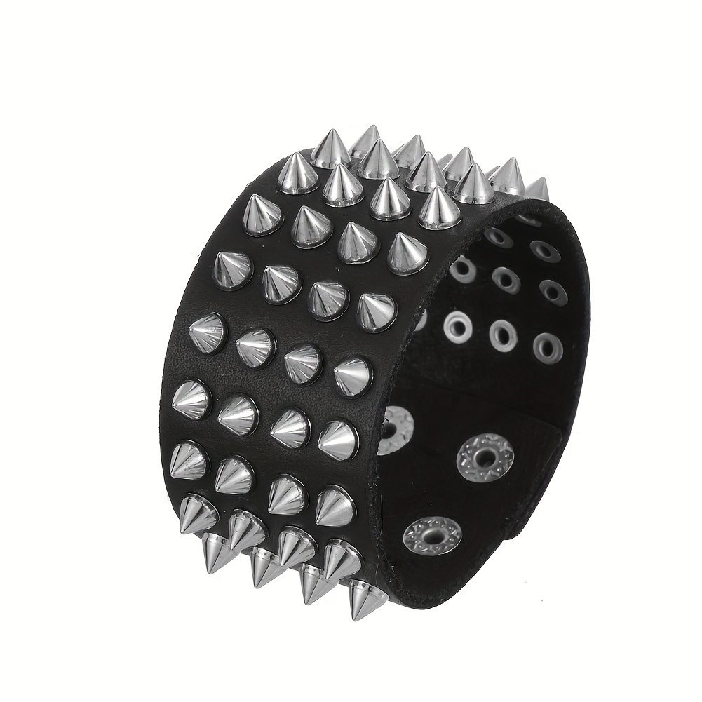 E-shop Überteuftes schwarzes Kunstleder-Nietenarmband mit Spitzen, Gothic Punk -Armband, breites Kunstleder-Armband mit Metallknopf für Herren und