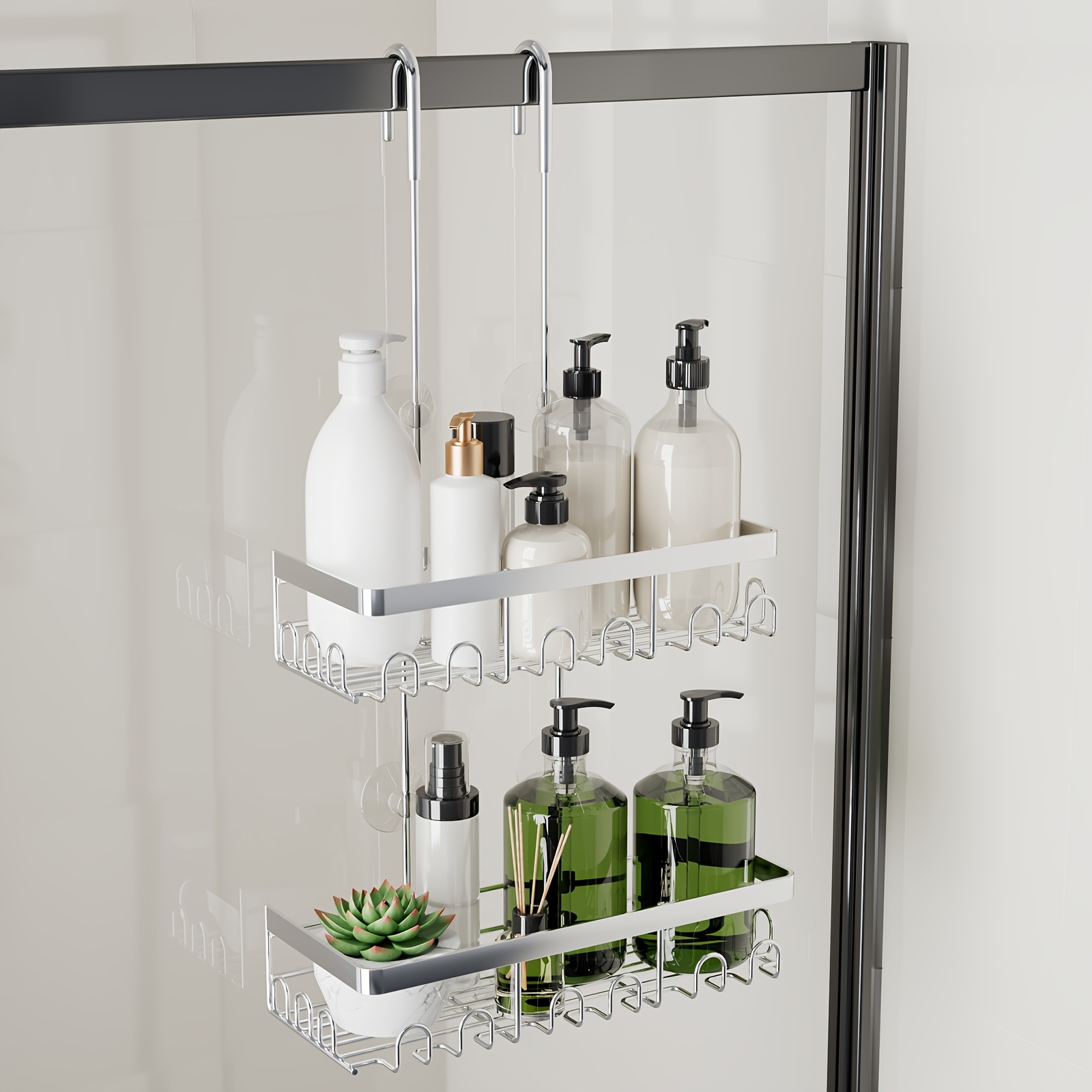 item picture no drill shower caddy stainless steel shower basket with hooks and   storage shelf 5 suction cups 24 hooks for glass shower door