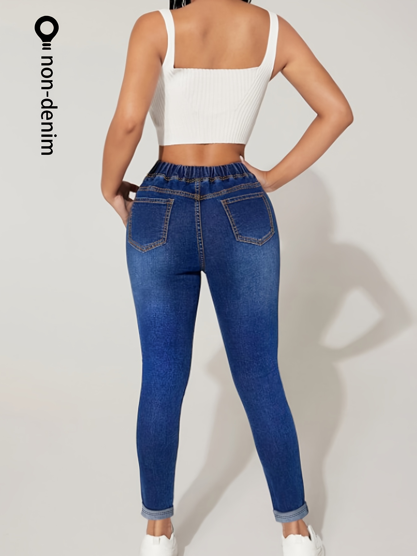[denim print/  denim] autumn and winter fleece-lined   denim pants with floral print, drawstring design, fashionable casual wear for women, versatile everyday  , comfortable elastic waist, all-match   fit   denim effect full-body print, outdoor and home use long trousers Product details 2