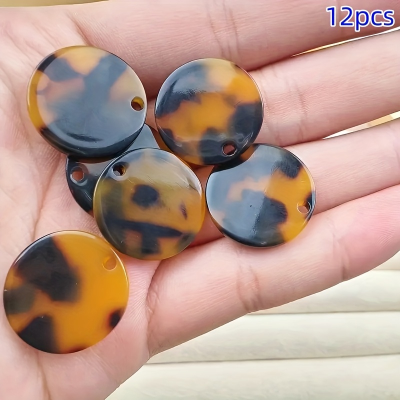 12pcs Boho-style Tortoiseshell Pattern Flat Round Beads For Diy Pendants And Jewelry Making, Featuring Leopard Print Details