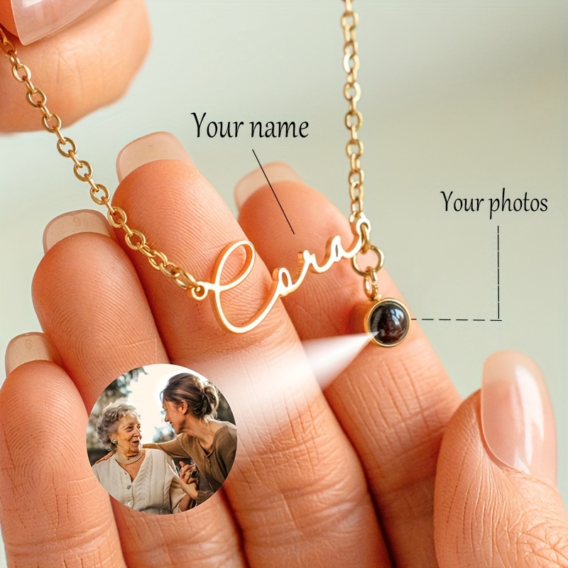TEMU Custom Name Photo Necklace 304 Stainless Steel Personalized Signature Name Projection Pendant Couple Jewelry Customized Memorial Gift Mother's