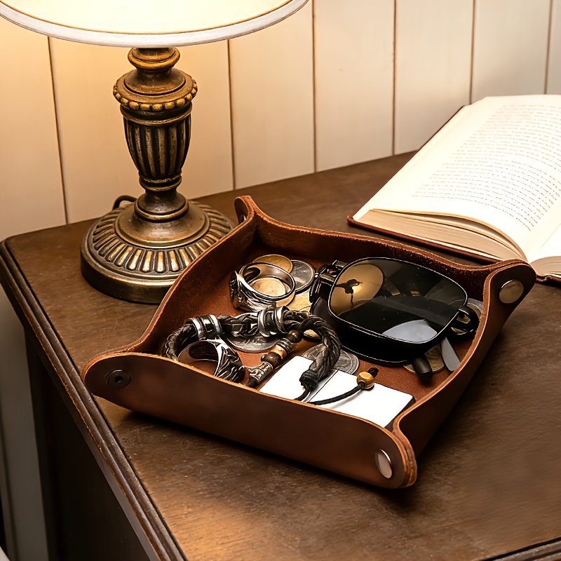 handcrafted   genuine leather square desktop organizer in deep brown featuring 4 snap closures and rounded corners this portable bedside desktop storage box serves as a versatile multi purpose organizer for keys wallets jewelry and small Product details 7