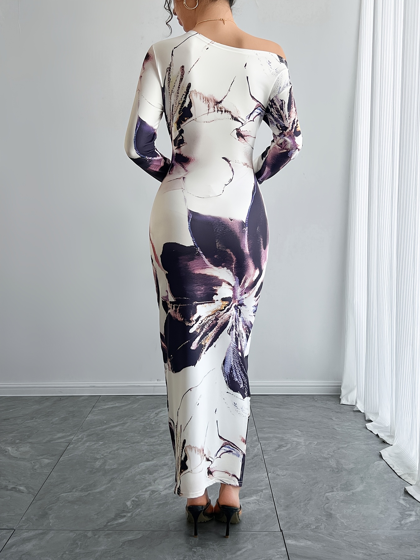 Women'S Elegant Full-Body Floral Asymmetrical Off-Shoulder Long-Sleeve  Fitted Waist Dress