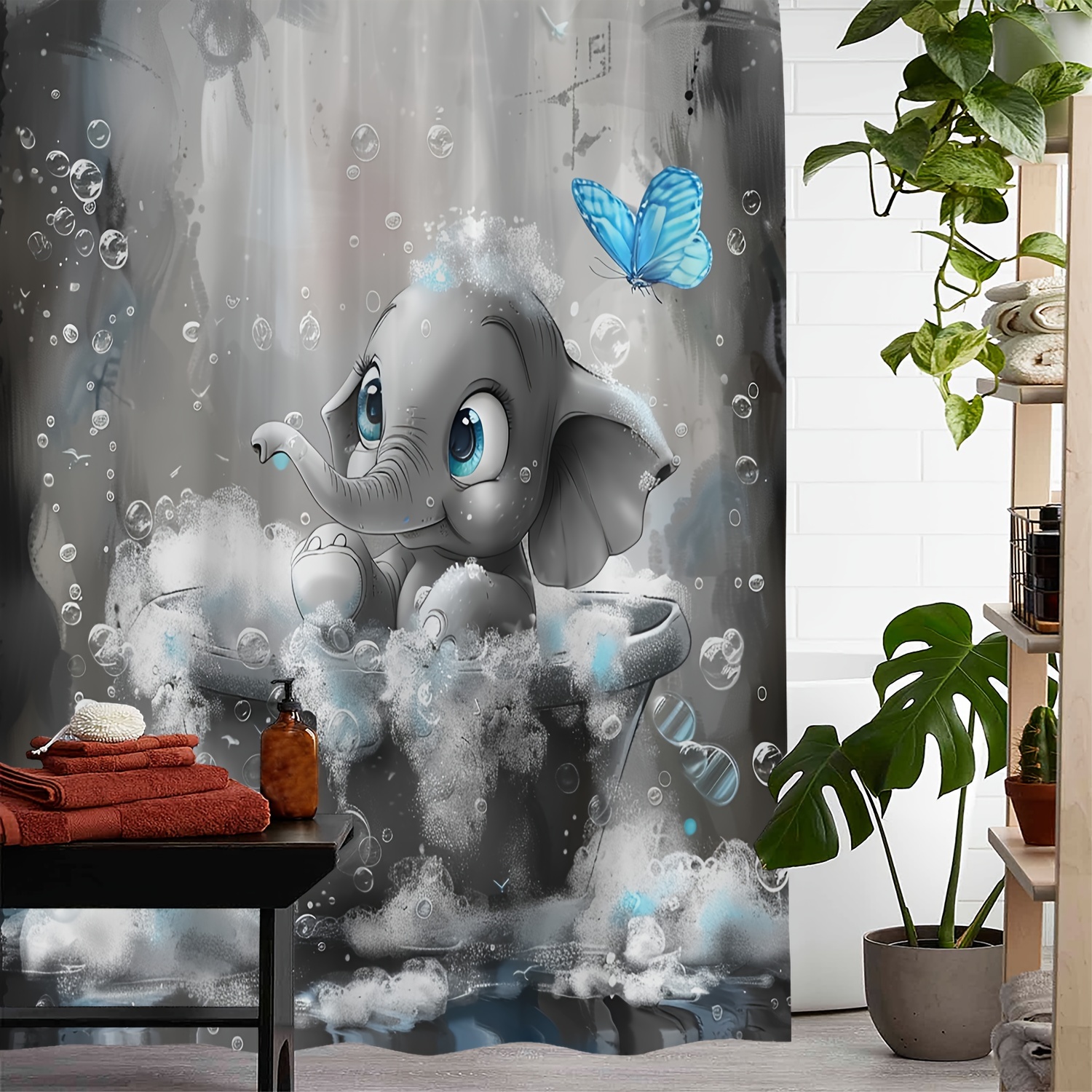 

1pc Elephant & Butterfly Pattern Shower Curtain, Waterproof Shower Curtain With 12 Hooks, Bath Curtain, Bathroom Partition, Room Decoration, Machine Wash Window Bathroom Decoration
