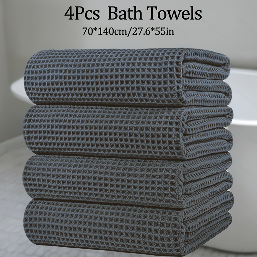 4pcs Bath Towels, 70x140cm/27.6x55in, 350gsm, Waffle Solid Color, Microfiber Material, Options, Soft & Comfortable, High Absorbency, Multi- Use, Ideal For Fitness, Bathroom, Shower, Hotel